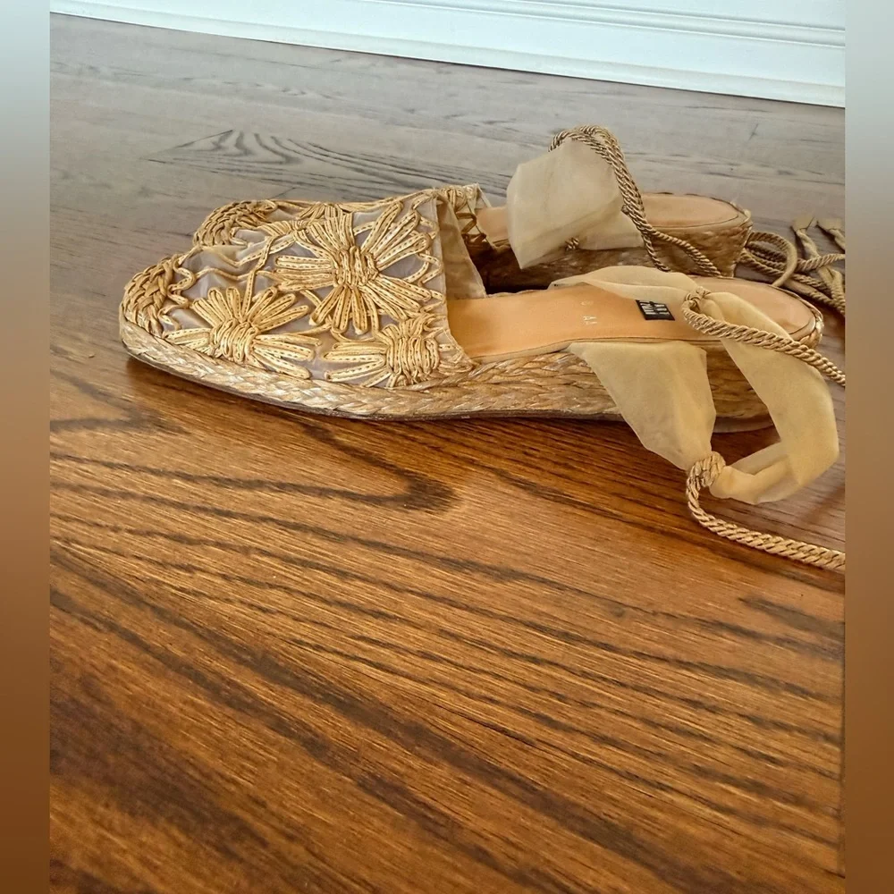 Stuart Weitzman Tan Woven Espadrille Ankle-Tie Sandals